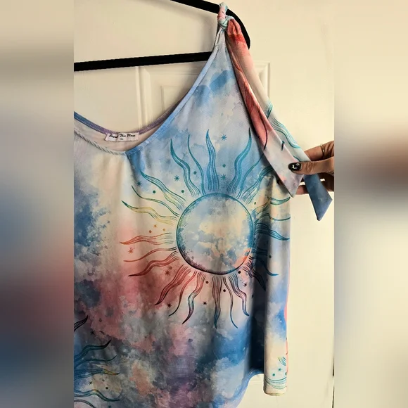 "Beyond This Plane" Colorful Celestial Sun Top, Plus Size 1XL, Asymmetrical Hem - Picture 5 of 7
